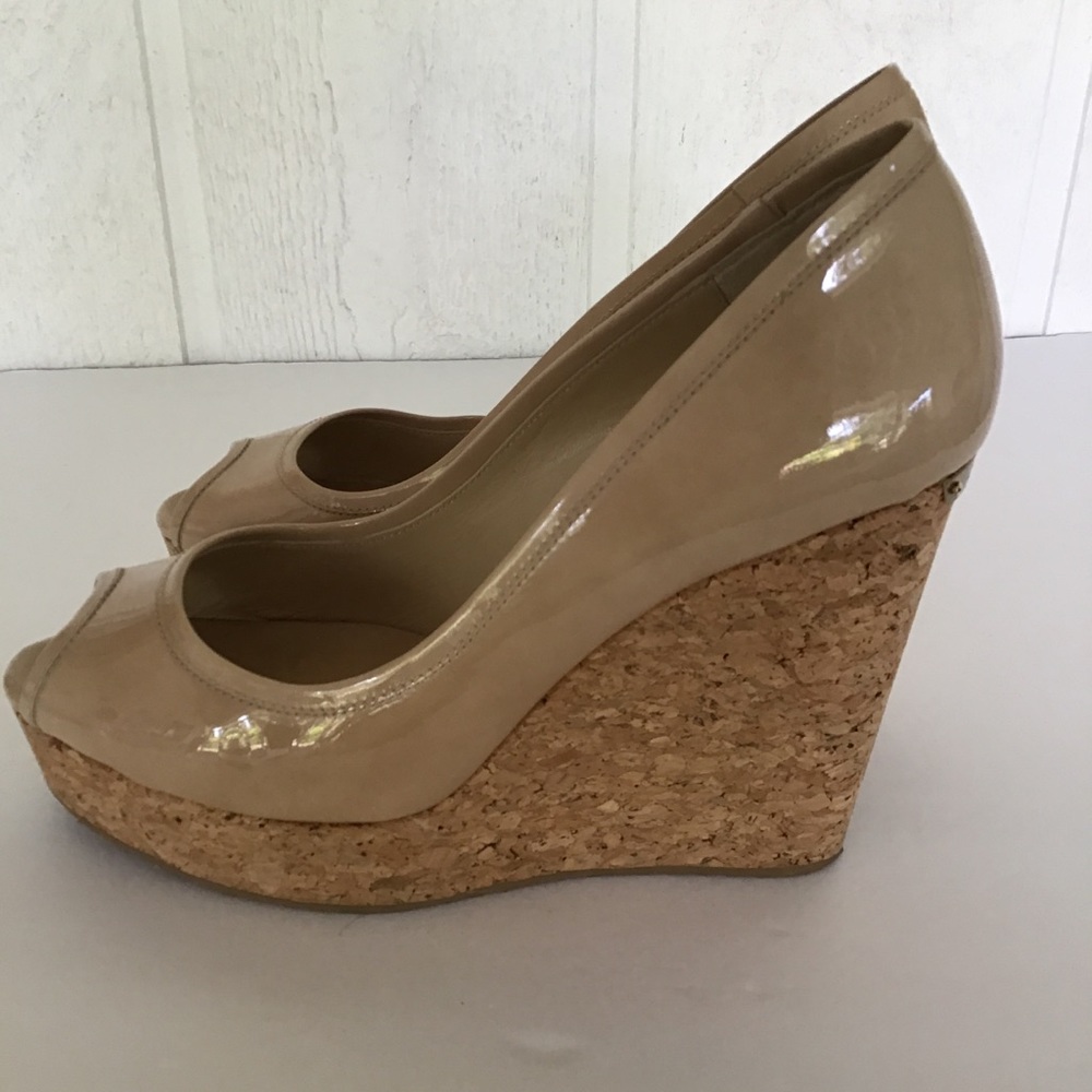 JIMMY CHOO NUDE PATENT LEATHER CORK WEDGE SIZE 10 - Picture 8 of 15